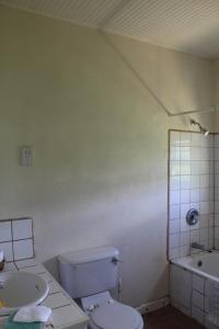 a bathroom with a toilet and a sink and a tub at Ocean Ridge at Long Beach in Christ Church