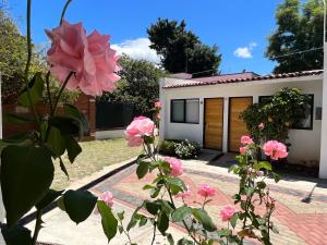a house with pink flowers in front of it at Villa Santa Julia in Oaxaca City
