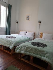 Duas camas num quarto com edredão verde em Rhala Hostel Egypt no Cairo