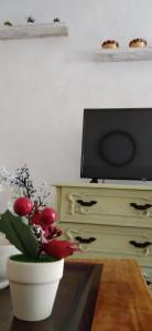 uma sala de estar com televisão e uma planta sobre uma mesa em Casa Noray 18 em Playa Honda