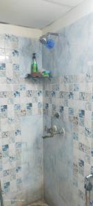 a bathroom with a shower with blue and white tiles at Executive home Stay Sector75 Noida in Noida