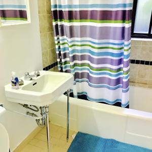 baño con lavabo y cortina de ducha en Stylish Montreal Apartment: Comfortable Stay in the Golden Square Mile, en Montreal