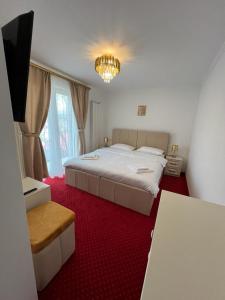 a bedroom with a large bed with a red carpet at PARC PINI RESORT in Moineşti
