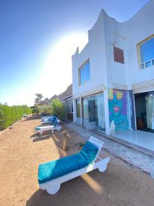 a dog sitting in front of a building at Soliman House in Dahab