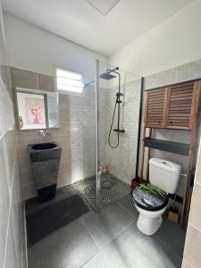 y baño con ducha, aseo y lavamanos. en Studio La Normantillaise, en Petit-Bourg