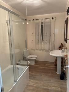 a bathroom with a shower and a toilet and a sink at CASERIO LA SEVILLANA in Baeza