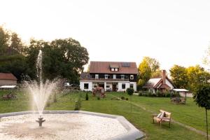a fountain in the middle of a yard with a house at Café & Pension Goldbachmühle in Blankenburg