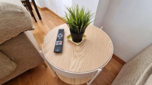 una mesa con mando a distancia y una planta en ella en Acogedor y confortable en Torreblanca, en Torreblanca