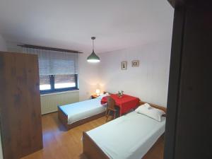 een kamer met 2 bedden en een rode tafel bij Hiša Žičanka in Loče pri Poljčanah
