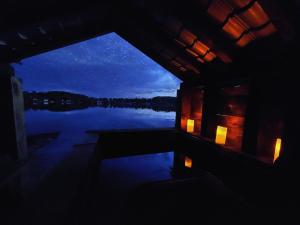 um quarto com vista para um lago à noite em La cabane romantique de Milly em Milly-sur-Thérain