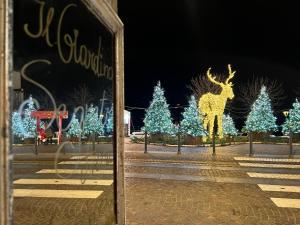 ein Lagerfenster mit Weihnachtsdekoration vor Bäumen in der Unterkunft Il Giardino Segreto Arona in Arona