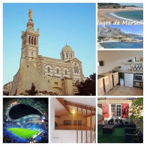 a collage of photos of a building with a clock tower at Calanques Prado Stade et Parking in Marseille