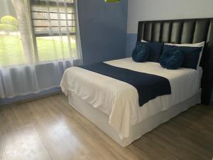 a bedroom with a bed with blue pillows and a window at Bridgelamour Guest House in Hartbeespoort