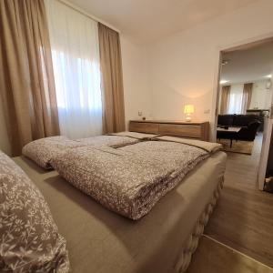 a bedroom with a large bed and a living room at APARTMAN011 in Mirijevo