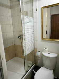 y baño con ducha y aseo. en SOURIA APARTMENT en Chios
