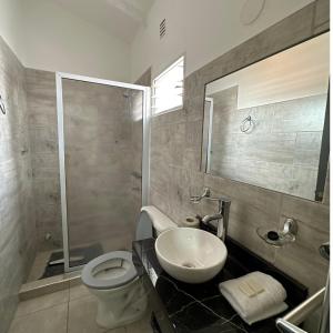 W łazience znajduje się toaleta, umywalka i prysznic. w obiekcie Hotel Bellavista w mieście Villa Carlos Paz