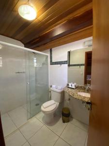 a bathroom with a toilet and a shower and a sink at Pousada Jordão in Campos do Jordão