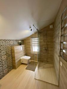 La salle de bains est pourvue d'une douche en verre et de toilettes. dans l'établissement Horizon Apartmens, à Yablunytsya