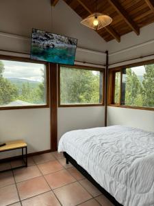 a bedroom with a bed and a flat screen tv at Huilen de Bandurrias in San Martín de los Andes