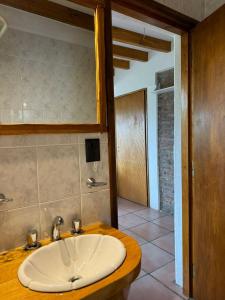 a bathroom with a white sink and a shower at Huilen de Bandurrias in San Martín de los Andes