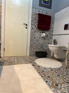 a bathroom with a toilet and a door and a rug at San in Bijeljina