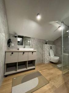a bathroom with a sink and a toilet and a mirror at Horizon Apartmens in Yablunytsya