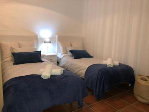 a bedroom with two beds with blue and white sheets at Casa Rodríguez - La Herradura in La Herradura