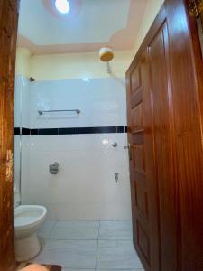 ein Bad mit einer Dusche, einem WC und einer Tür in der Unterkunft Safari Stays Staycation Homes in Ngong