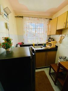 eine Küche mit einem schwarzen Kühlschrank und einem Fenster in der Unterkunft Safari Stays Staycation Homes in Ngong