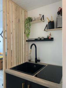 a kitchen with a black sink and a shelf at Chez Elodie au CORBIER in Le Corbier