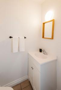 a bathroom with a white sink and a mirror at Yellowknife Downtown Toboggan Hill Retreat in Yellowknife