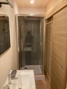 un bagno con doccia e lavandino bianco di Maison Boutxy Le Clos des Ours a Matemale Altre 87 foto