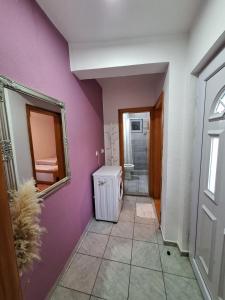 korytarz z fioletową ścianą i lustrem w obiekcie Hostel Miran Mostar w mieście Mostar