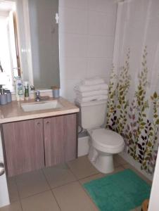 uma casa de banho com um WC branco e um lavatório. em frente a la playa vista preciosa 3 habitaciones 2 baños em Iquique