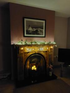 una chimenea con luces de Navidad encima en Molly's Self Catering Accommodation en Cavan