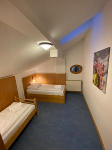 a hotel room with two beds and a blue carpet at Twenty Seven Budget Hotel in Zell am See