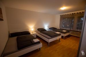 ein Wohnzimmer mit 2 Betten und einem Fenster in der Unterkunft Apartment Dreiländereck in Rheinfelden