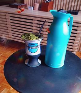 a blue vase and aotted plant on a table at Angi Hosting in Porto Alegre