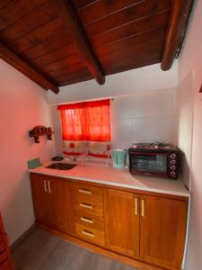 a small kitchen with a microwave and a counter at Lo de Lili in Colón