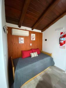 1 dormitorio con cama azul y almohadas rojas en Lo de Lili en Colón