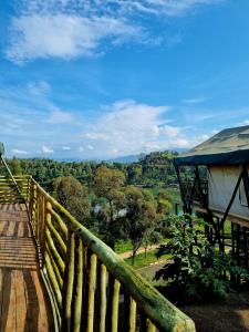 a wooden deck with a view of a forest at Mzinga Retreat in Gitesi