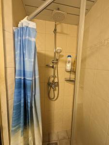 a shower with a blue shower curtain in a bathroom at Comfortable apartament to stay in Tallinn in Tallinn