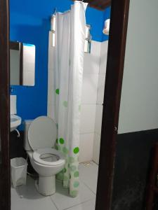 a bathroom with a toilet and a shower curtain at Pousada Guest House Rota 027 Morro de São Paulo in Morro de São Paulo