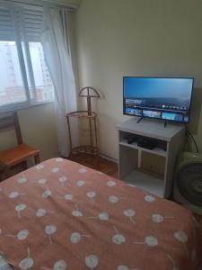 1 dormitorio con 1 cama, TV y ventana en MDQ Superluminoso en Mar del Plata