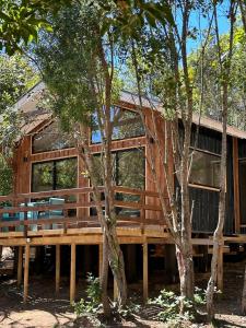 a large wooden house in the middle of trees at Tres Bosques in Pucón