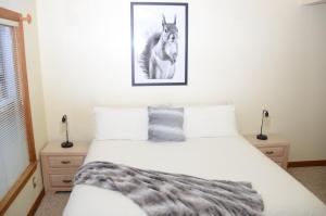 um quarto com uma cama e uma fotografia de um gato em Bent Mountain Lodge em Roanoke