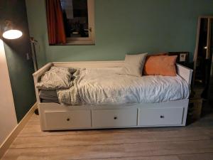 1 cama con almohadas en el dormitorio en Tuinkamer Oudeschoot, en Oudeschoot