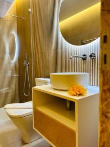 uma casa de banho com um lavatório, um WC e um espelho. em A casa na Estrela em Lisboa