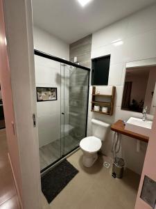帕蒂杜阿爾費里斯的住宿－Rancho Ameixeira，带淋浴、卫生间和盥洗盆的浴室