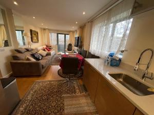 cocina y sala de estar con sofá y lavamanos en Executive Luxury 2 Bedroom Apartment - With underground parking, en Londres